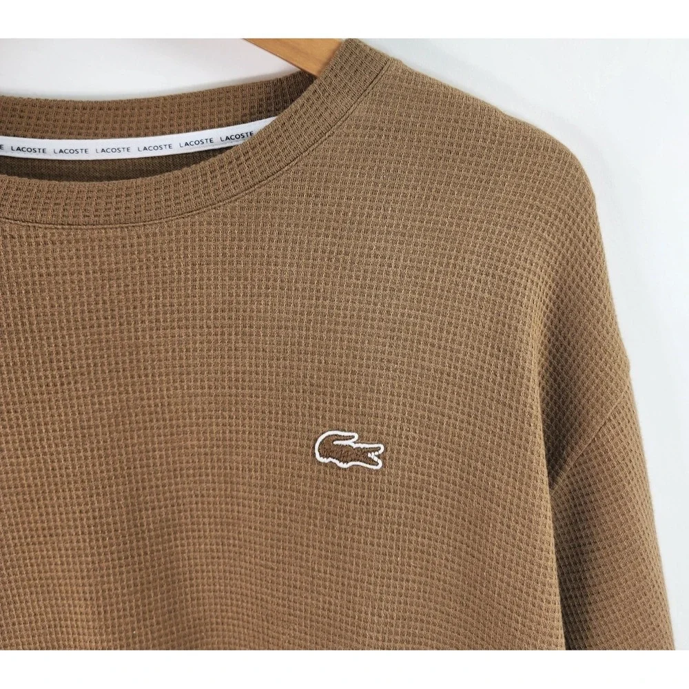 Lacoste Sleepwear Men's L Brown Waffle Knit Thermal Long Sleeve Lounge